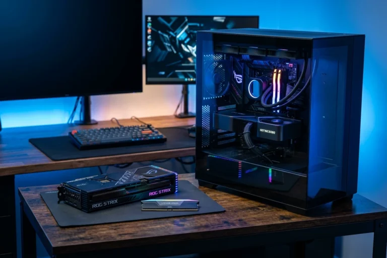 Setup gamer montado com iluminação RGB representando a decisão de montar ou upgradar o PC gamer nas férias