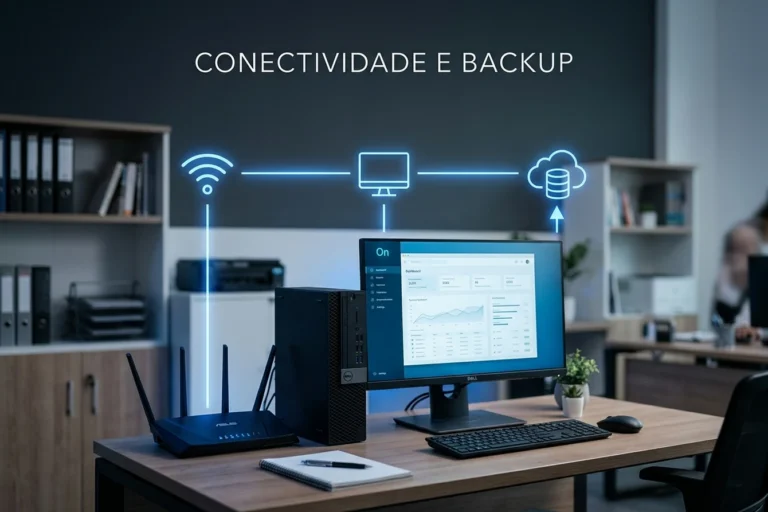 Ambiente de pequeno negócio com rede, computador e backup representando a TI para pequena empresa