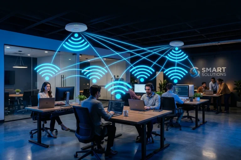 Escritório de pequena empresa com rede Wi-Fi estável e pontos de acesso distribuindo sinal forte