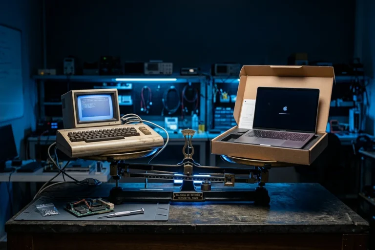 Balança pesando um computador antigo em conserto e um computador novo, representando a decisão de consertar ou trocar