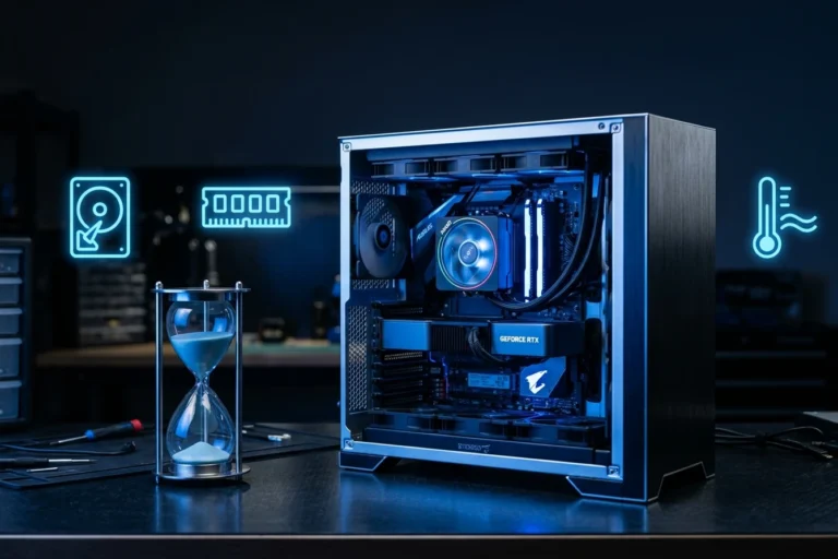 Computador antigo com sinais de lentidão sobre a mesa, representando o diagnóstico de um PC lento