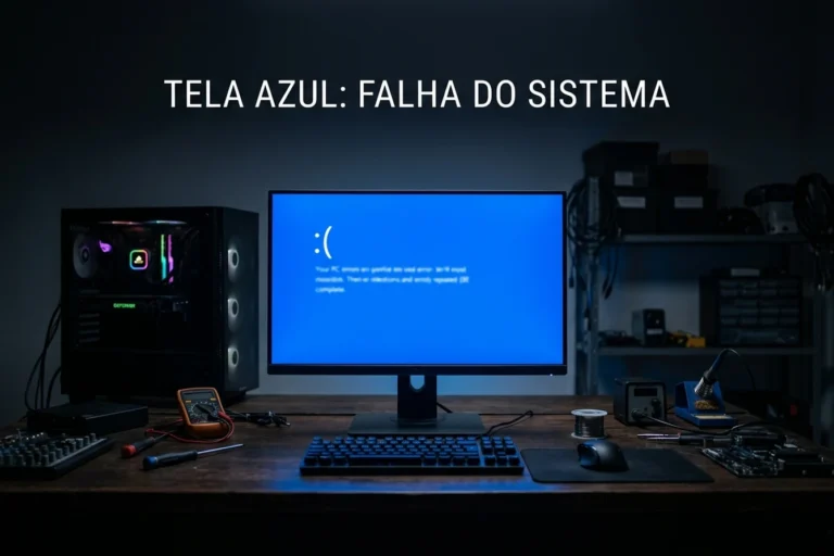 Monitor exibindo uma tela azul de erro do Windows 11 sobre uma mesa