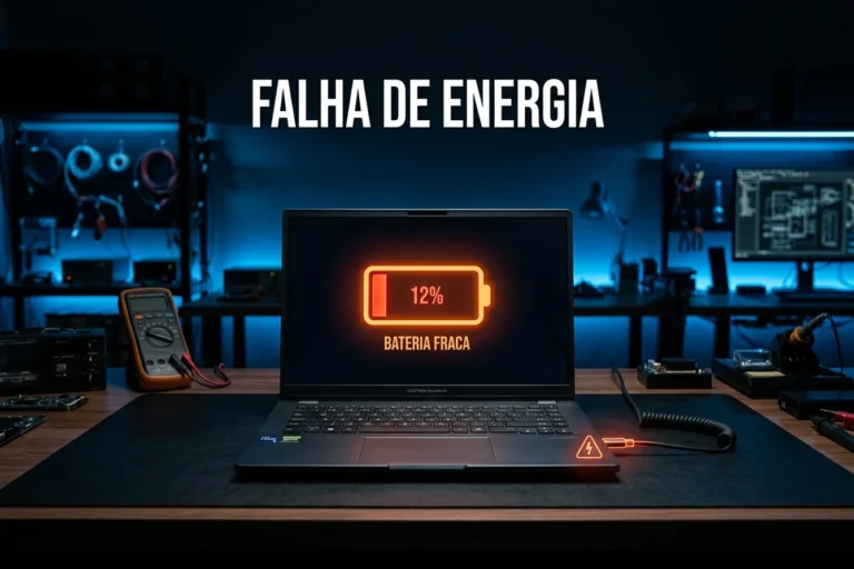 Notebook aberto sobre a mesa exibindo ícone de bateria fraca, representando a bateria de notebook viciada