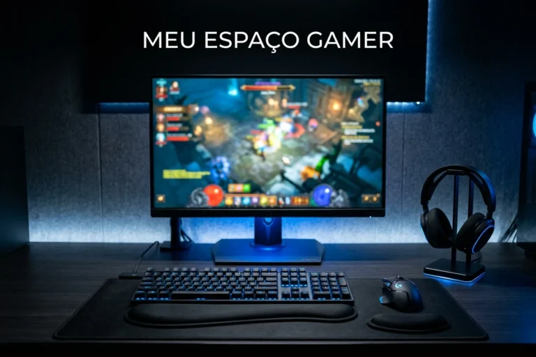 Mesa gamer com monitor, teclado, mouse e headset representando o setup gamer bem montado