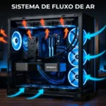 Gabinete de PC aberto mostrando o caminho do ar frio e do ar quente, tema do fluxo de ar