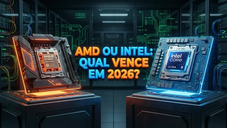 Comparativo visual entre soquete AMD AM5 e Intel LGA 1851 em ambiente tecnológico.