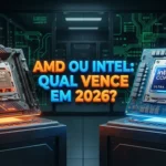 Comparativo visual entre soquete AMD AM5 e Intel LGA 1851 em ambiente tecnológico.