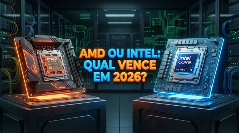 Comparativo visual entre soquete AMD AM5 e Intel LGA 1851 em ambiente tecnológico.