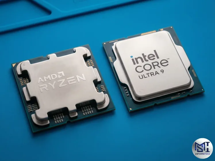 Processadores AMD Ryzen e Intel Core Ultra lado a lado.