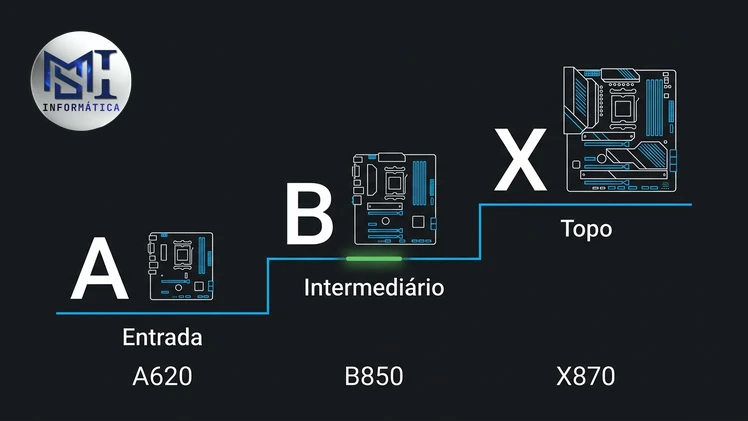 Esquema em três degraus com as letras A, B e X indicando entrada, intermediário e topo