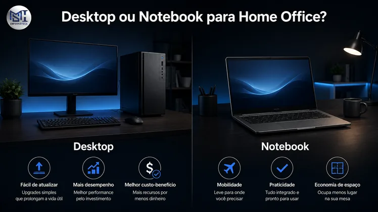 Comparativo visual desktop versus notebook para trabalho em home office