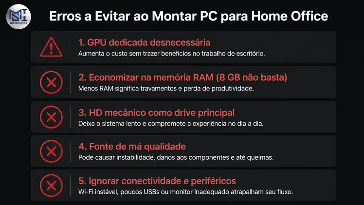 Lista visual dos 5 erros comuns ao montar PC para home office