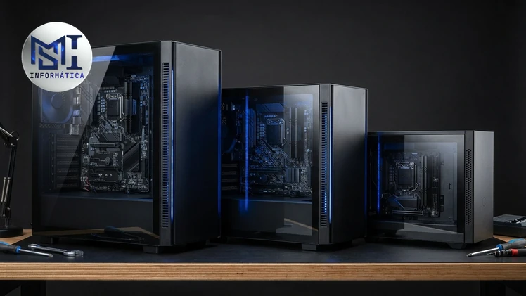 Ilustração: gabinetes ATX mid tower, Micro-ATX e Mini-ITX com iluminação azul discreta