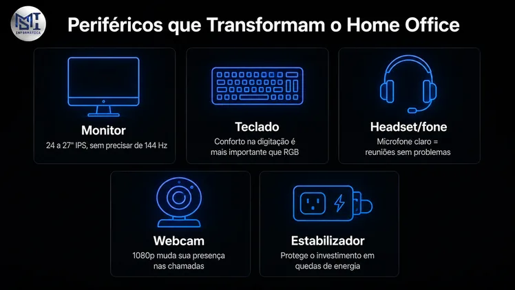 Infográfico com os 5 periféricos essenciais para home office em 2026