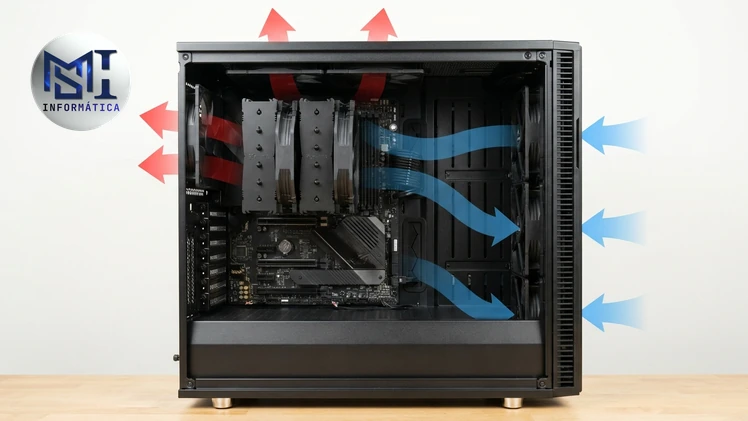 Ilustração: fluxo de ar num gabinete gamer: ar frio entrando pela frente, ar quente saindo por trás e pelo topo