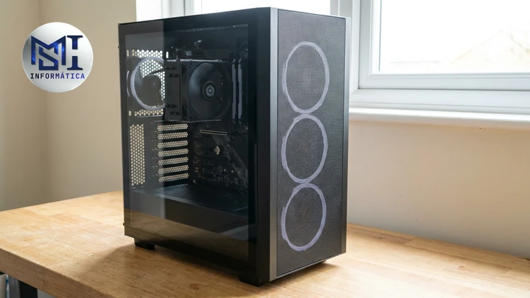 Ilustração: gabinete mid tower com frente em malha metálica e lateral de vidro temperado