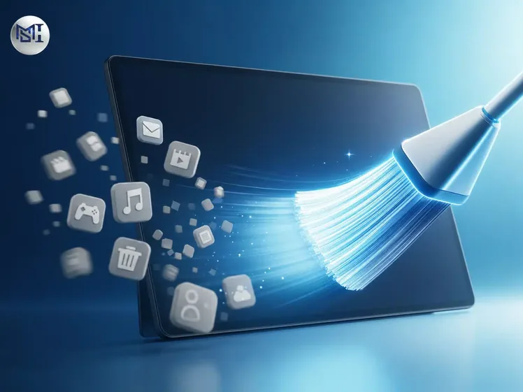 Conceito visual de limpeza digital removendo ícones desnecessários para otimização Windows 11 26H1.