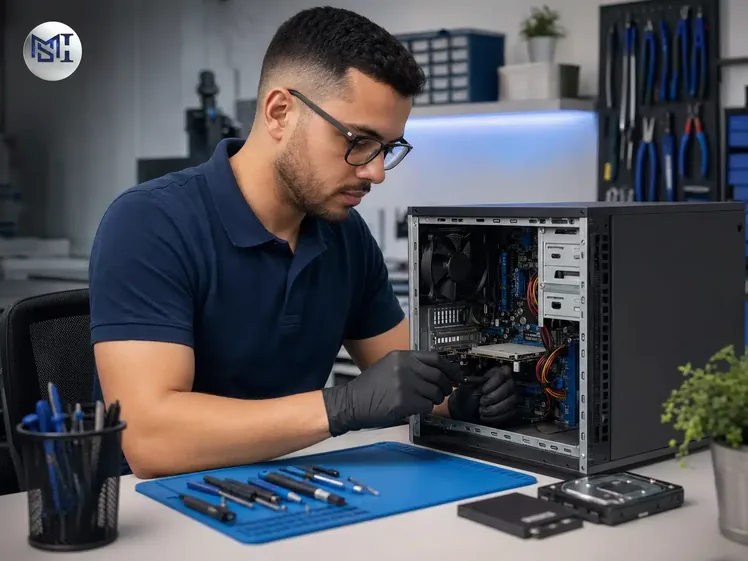 Técnico realizando manutenção preventiva em um computador para garantir a otimização Windows 11 26H1.