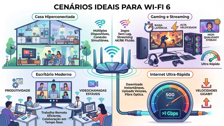 Infográfico dividido em 4 quadrantes mostrando cenários ideais para Wi-Fi 6: casa hiperconectada em corte transversal com múltiplos dispositivos IoT, setup gamer com PC e console indicando baixa latência, escritório moderno com funcionários em videochamada colaborativa, e velocímetro digital marcando mais de 500 Mbps com fibra óptica, todos conectados a um roteador Wi-Fi 6 central