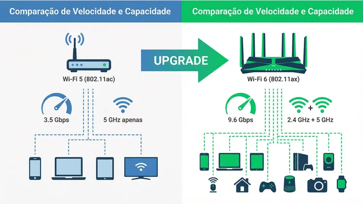 Infográfico comparativo dividido verticalmente mostrando Wi-Fi 5 (802.11ac) à esquerda com velocidade de 3.5 Gbps, frequência de 5 GHz e 4 dispositivos conectados, e Wi-Fi 6 (802.11ax) à direita com velocidade de 9.6 Gbps, frequências dual-band 2.4 GHz e 5 GHz e 10 dispositivos conectados, com seta central indicando upgrade