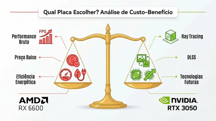 Análise de custo-benefício entre RX 6600 e RTX 3050 considerando performance, preço e eficiência energética