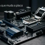 Placa-mãe sobre a mesa com o dissipador do chipset em destaque sob luz azul