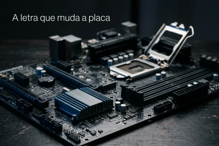 Placa-mãe sobre a mesa com o dissipador do chipset em destaque sob luz azul