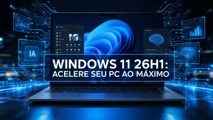 Laptop moderno com interface do Windows 11 e elementos de IA simbolizando a otimização Windows 11 26H1.