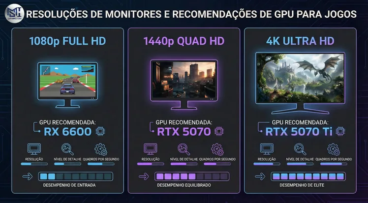 Guia de placas de vídeo por resolução: RX 6600 para 1080p, RTX 5070 para 1440p e RTX 5070 Ti para 4K