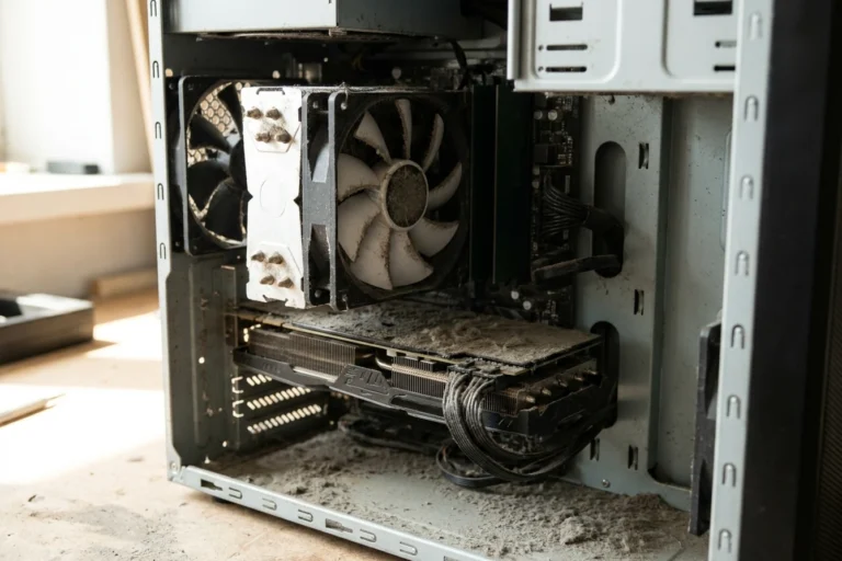 Ilustração: interior de PC com poeira acumulada nas ventoinhas, no cooler e na placa de vídeo