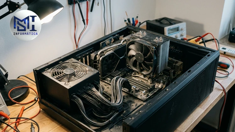 Ilustração: computador desktop aberto sobre a mesa