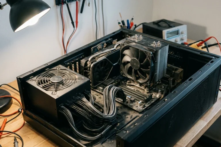 Ilustração: computador desktop aberto para diagnóstico