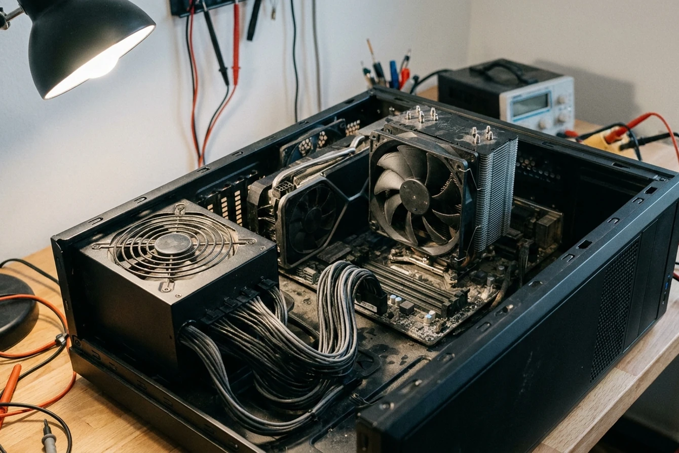 Ilustração: computador desktop aberto para diagnóstico