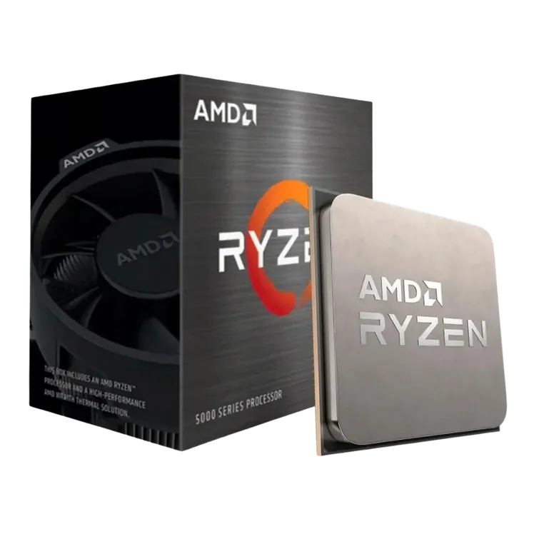 Processador AMD Ryzen série 5000 com embalagem original e chip em destaque