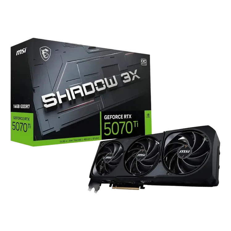 Placa de vídeo MSI GeForce RTX 5070 Ti Shadow 3X 16GB com caixa do produto sem fundo