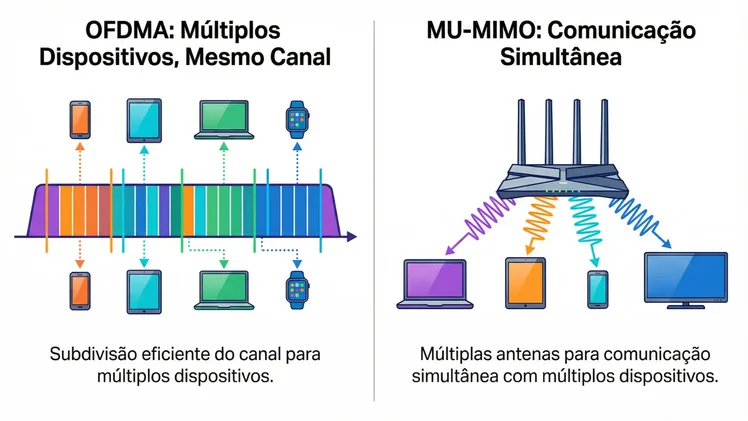 Diagrama técnico educativo dividido em dois painéis: à esquerda, OFDMA mostrando um canal Wi-Fi subdividido em múltiplos subcanais coloridos conectando simultaneamente smartphone, tablet, laptop e smartwatch; à direita, MU-MIMO ilustrando roteador com múltiplas antenas enviando fluxos de dados simultâneos em ondas coloridas para 4 dispositivos diferentes