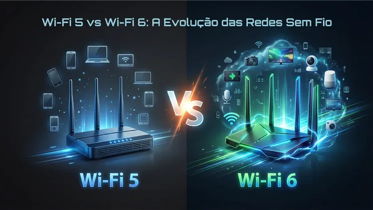 Imagem de destaque mostrando comparação dramática entre roteador Wi-Fi 5 em tons azuis à esquerda e roteador Wi-Fi 6 moderno em tons verdes vibrantes à direita, com símbolo VS no centro, cercados por ícones flutuantes de dispositivos conectados (smartphones, laptops, tablets, smart TVs, câmeras de segurança, assistentes de voz), efeitos de luz e ondas Wi-Fi, fundo escuro tecnológico