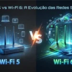 Imagem de destaque mostrando comparação dramática entre roteador Wi-Fi 5 em tons azuis à esquerda e roteador Wi-Fi 6 moderno em tons verdes vibrantes à direita, com símbolo VS no centro, cercados por ícones flutuantes de dispositivos conectados (smartphones, laptops, tablets, smart TVs, câmeras de segurança, assistentes de voz), efeitos de luz e ondas Wi-Fi, fundo escuro tecnológico
