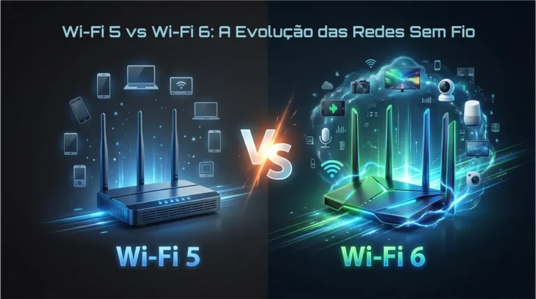 Imagem de destaque mostrando comparação dramática entre roteador Wi-Fi 5 em tons azuis à esquerda e roteador Wi-Fi 6 moderno em tons verdes vibrantes à direita, com símbolo VS no centro, cercados por ícones flutuantes de dispositivos conectados (smartphones, laptops, tablets, smart TVs, câmeras de segurança, assistentes de voz), efeitos de luz e ondas Wi-Fi, fundo escuro tecnológico