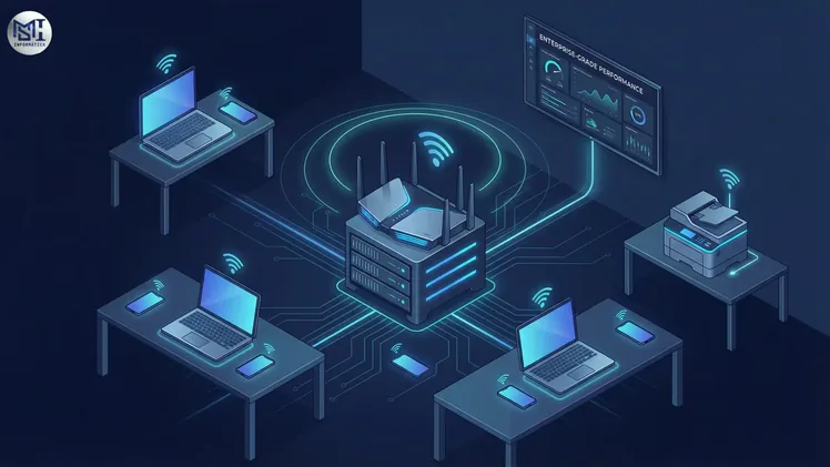 Diagrama de rede Wi-Fi 7 para pequena empresa com múltiplos dispositivos conectados