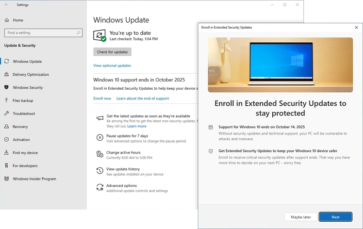 Tela do Windows Update no Windows 10 com o link de inscrição e a janela de inscrição nas atualizações de segurança estendidas (ESU)