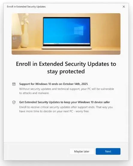 Janela do Windows 10 com o convite para se inscrever nas atualizações de segurança estendidas (ESU)