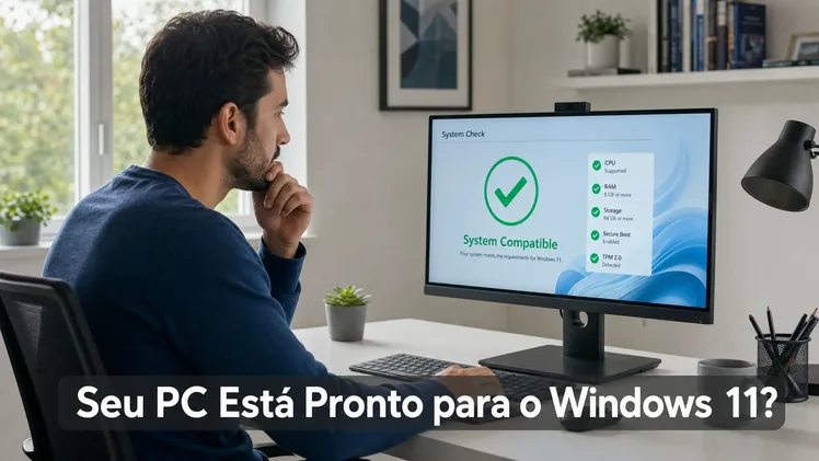 pessoa verificando a compatibilidade do computador com o Windows 11 Descrição: imagem de destaque do artigo sobre como saber se o PC suporta Windows 11, mostrando um usuário em ambiente doméstico diante de um computador com resultado de verificação na tela.