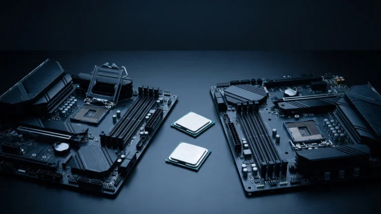 Duas placas-mãe modernas lado a lado numa mesa escura, com os soquetes de processador vazios, e dois processadores entre elas
