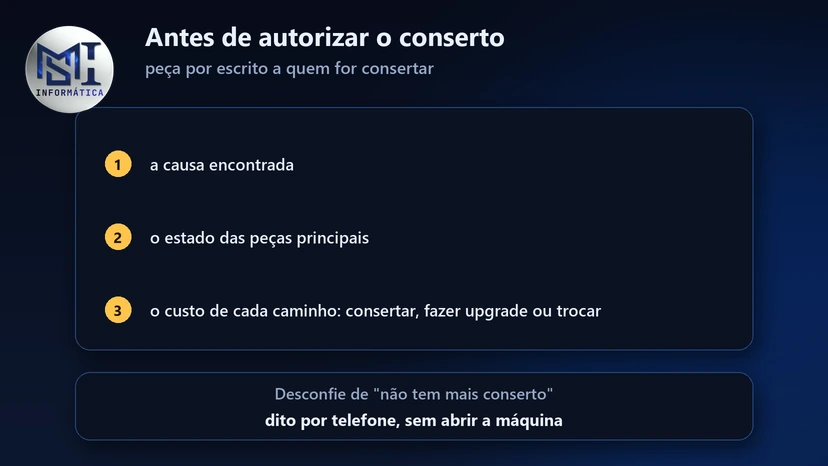 Antes de autorizar o conserto, peça por escrito a causa encontrada, o estado das peças e o custo de consertar, fazer upgrade ou trocar