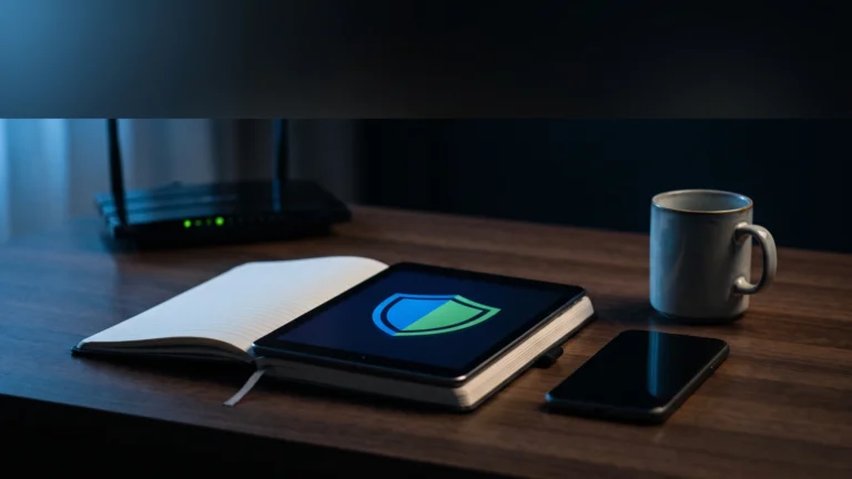 Tela com um escudo de proteção sobre a mesa à noite, ao lado de um celular e de uma caneca, com um roteador Wi-Fi ao fundo
