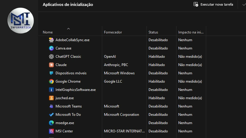 Aba Aplicativos de inicialização do Gerenciador de Tarefas, com o status Habilitado ou Desabilitado de cada programa que abre com o Windows