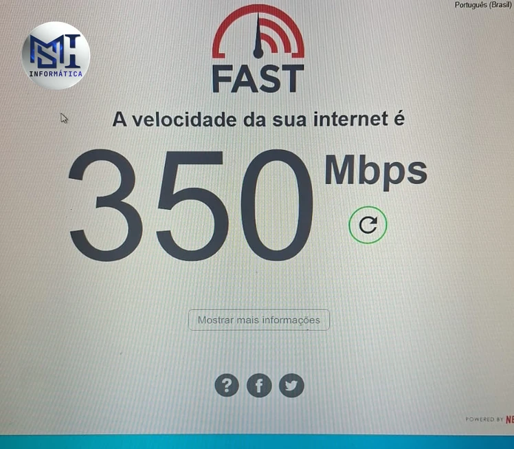Teste de velocidade no fast.com marcando 350 Mbps, primeiro passo para saber se o Wi-Fi da empresa caindo é internet ou rede