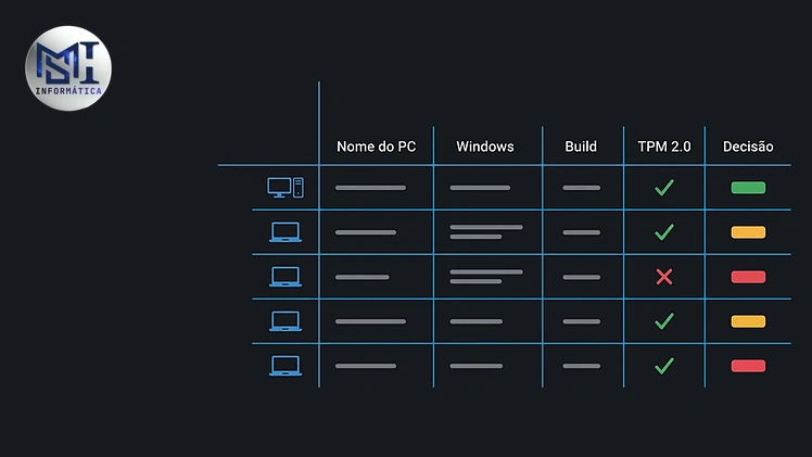 Planilha de levantamento de máquinas com colunas para nome do PC, Windows, build, TPM e decisão