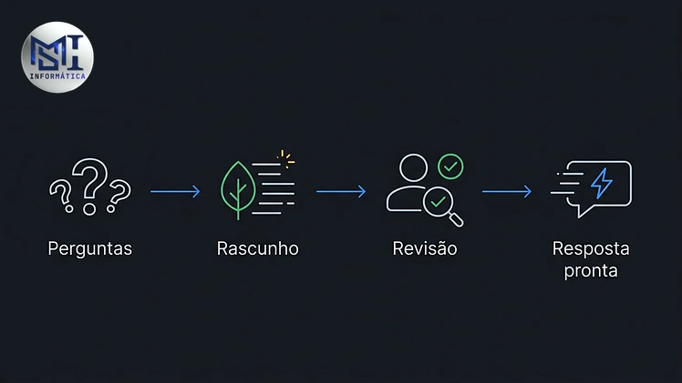 Esquema em quatro etapas das perguntas frequentes até a resposta pronta revisada por uma pessoa